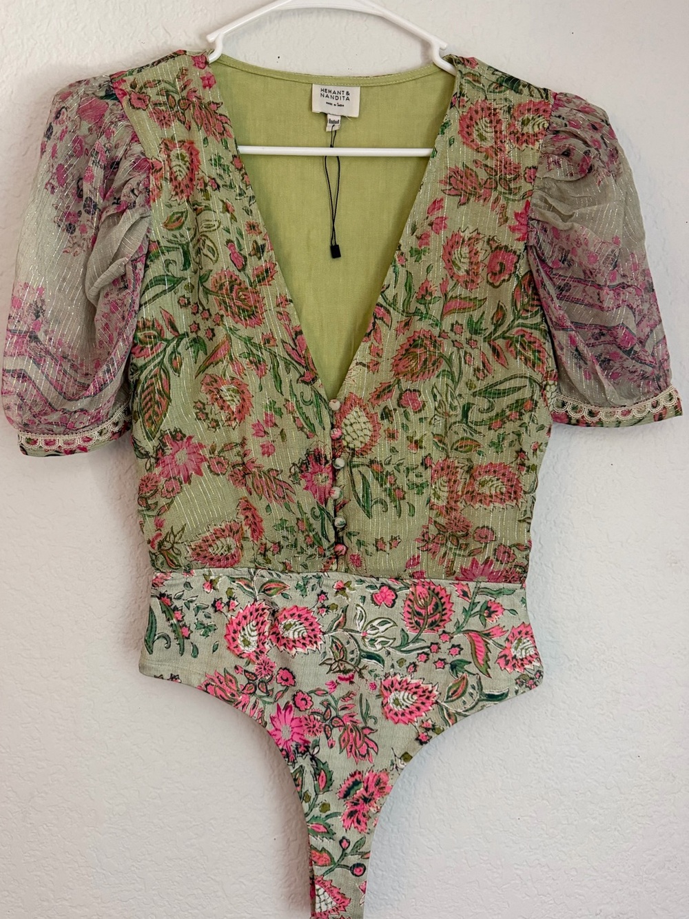 HEMANT & NANDITA Sage Green Floral V-Neck Puff Sleeve Top with Pink Accents - Picture 5 of 9